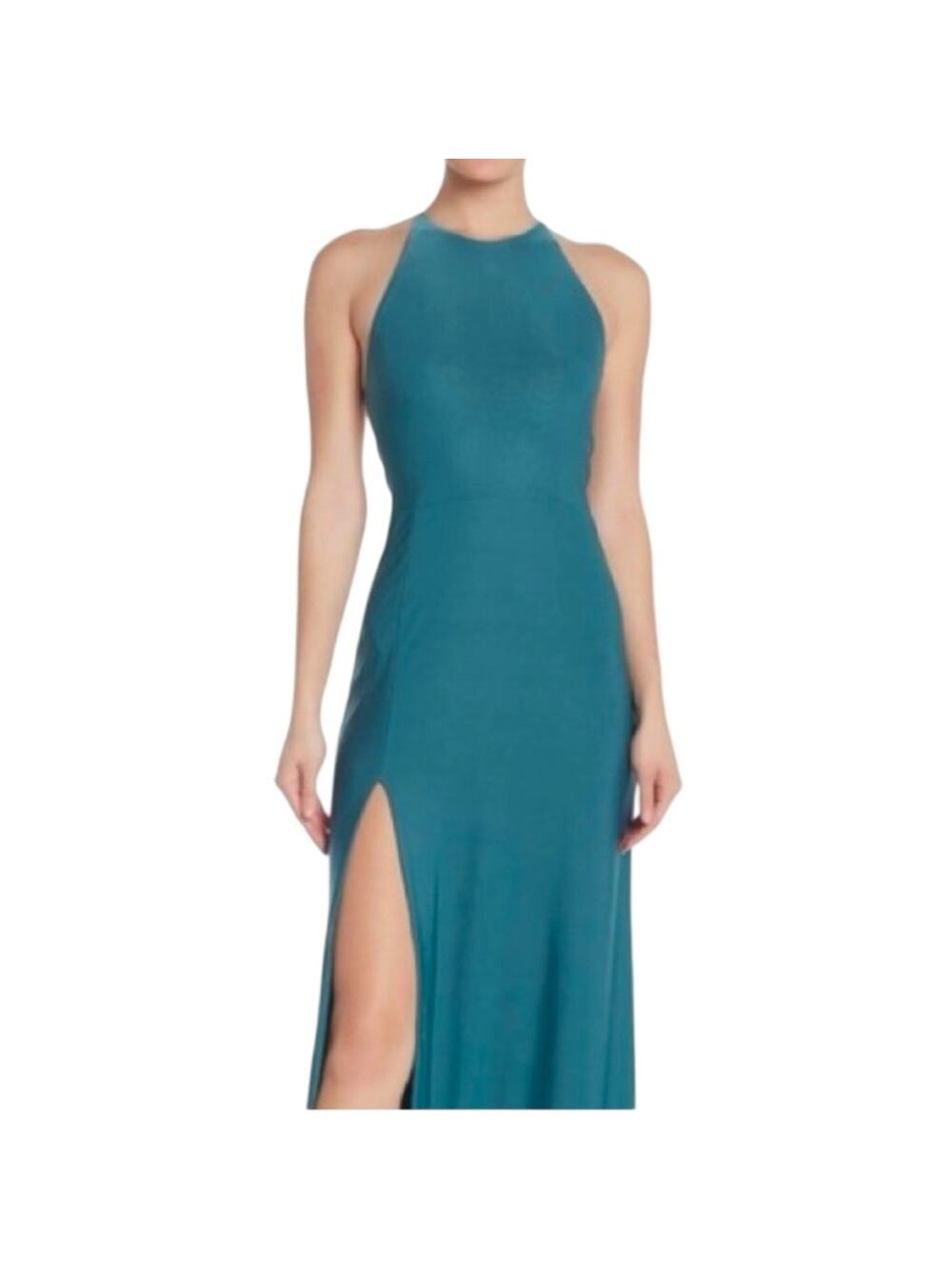 Minimalist Teal Satin Halter Maxi Dress Crisscross Backless Sleek Silky Dress M